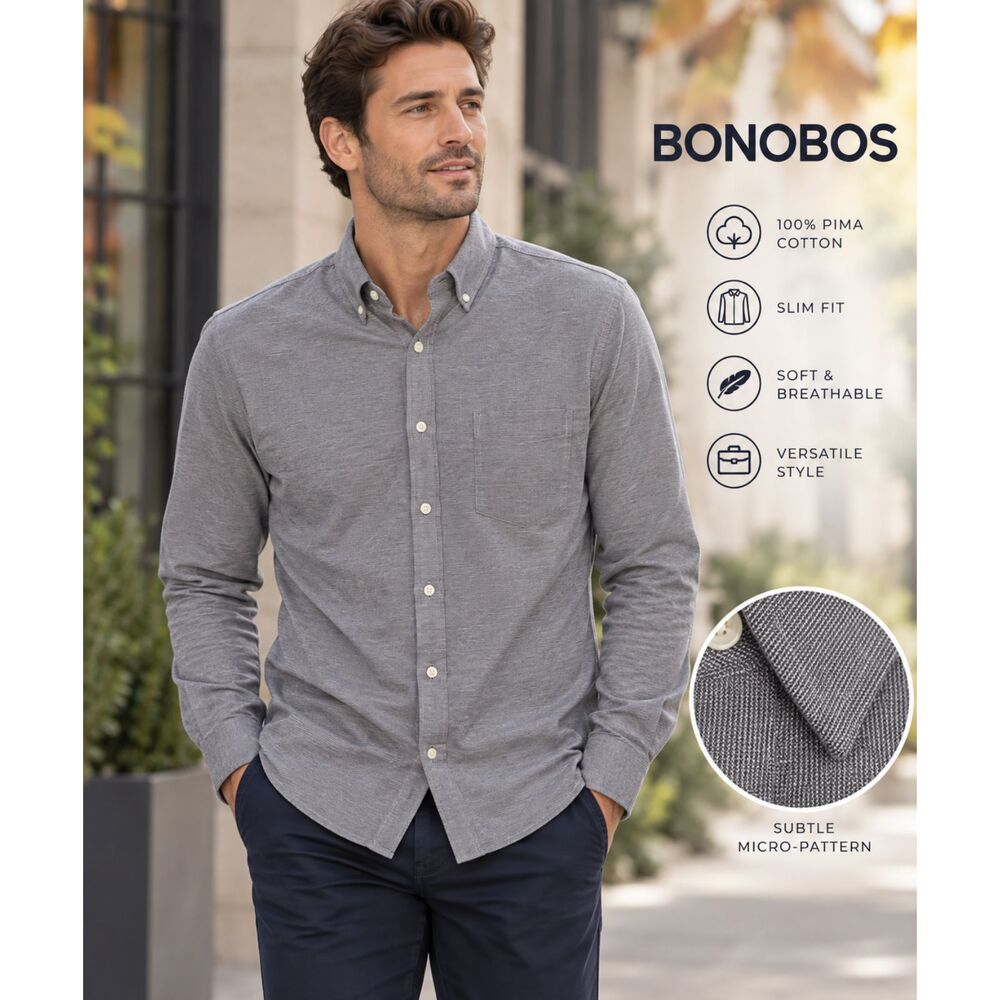 Bonobos Men’s XL Slim Fit Gray Pima Cotton Button Down Shirt NWOT